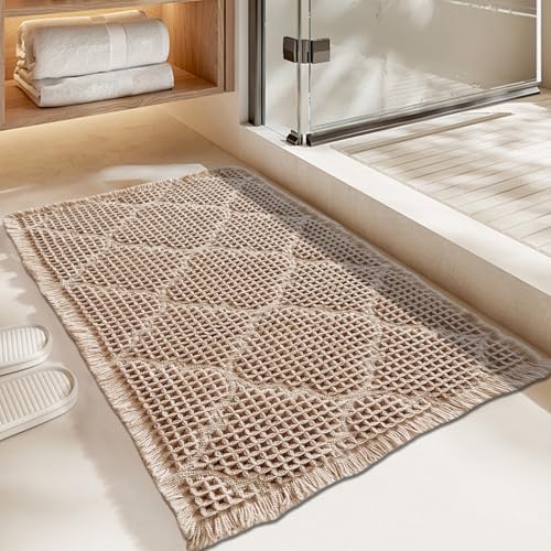 ZALL Tan Waffle Bath Mat,Super Absorbent Non Slip Bathroom Rug,Brown 17x24inch, Geometric Diamond Machine Washable Ultra Soft Floor Mats