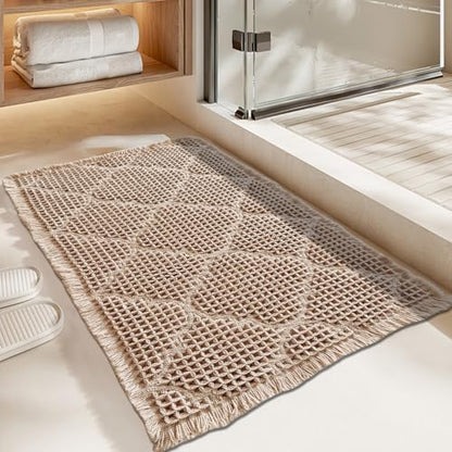 ZALL Tan Waffle Bath Mat,Super Absorbent Non Slip Bathroom Rug,Brown 24x36inch, Geometric Diamond Machine Washable Ultra Soft Floor Mats
