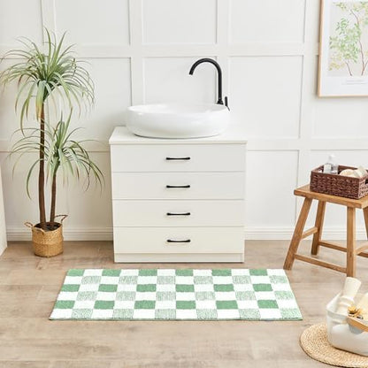 CozeCube Sage Green Checkered Bath Mat 47"x24" Non Slip Washable Rug