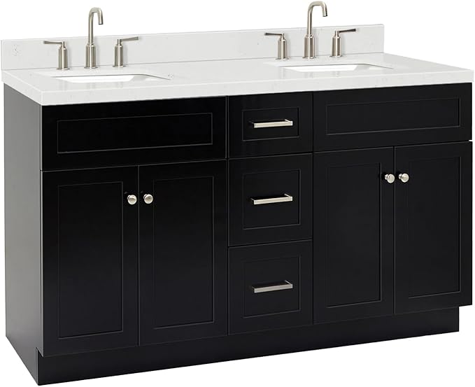 ARIEL Hamlet 60-inch Bathroom Vanity with Sink,Solid Wood, 1.5-inch Carrara White Quartz Countertop & Backsplash, Double Rectangular Porcelain Sink, 4 Soft Closing Doors, 3 Dovetail Drawers, Black