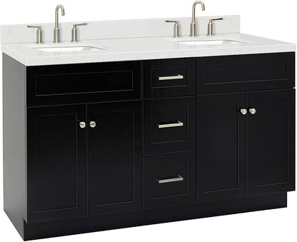ARIEL Hamlet 60-inch Bathroom Vanity with Sink,Solid Wood, 1.5-inch Carrara White Quartz Countertop & Backsplash, Double Rectangular Porcelain Sink, 4 Soft Closing Doors, 3 Dovetail Drawers, Black