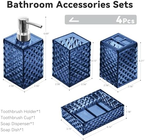 4 PCS Blue Bathroom Accessory Set,Plastic Bathroom Accessories Sets