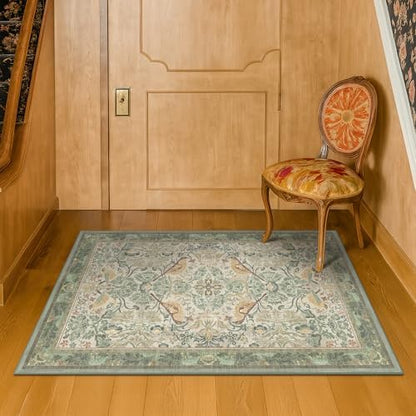 Sage Green Boho Bathroom Rugs - 2x3 Washable Non-Slip Soft Low Pile Area Rug for Entryway, Kitchen, and Decorative Door Mats - Vintage Farmhouse Design with Bird & Botanical Pattern Boho Décor