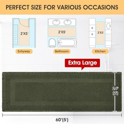 Extra Large Waffle Bath Mat, Boho Woven Modern Bath Rug Absorbent Non Slip, Ultra Soft Bathroom Mats, Machine Washable Knit Bath Rugs with Tassels for Bathroom, Bedroom, Kitchen, 5'x2', Dark Green