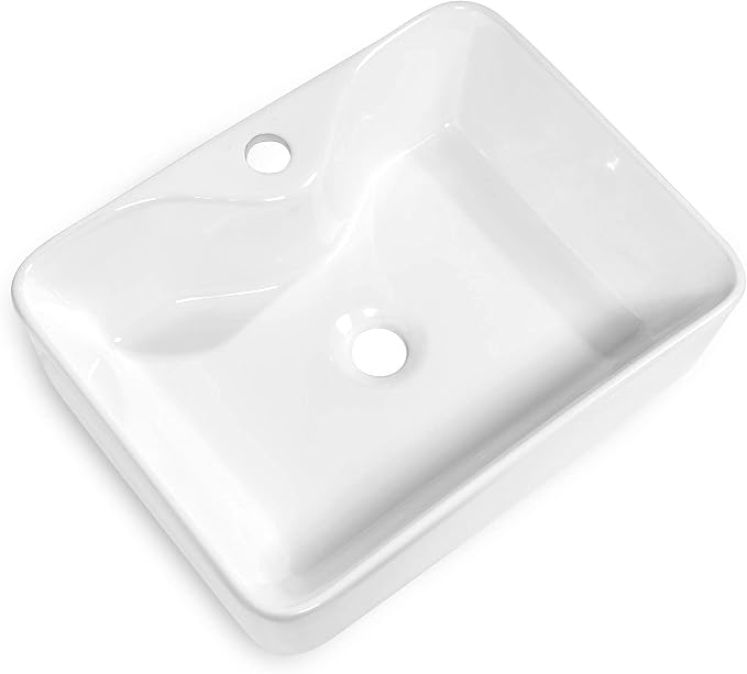 Drop In White Bathroom Vessel Sink with Faucet Hole | Beslend 19x15 Ceramic White Rectangular Vessel Sink Hand Wash Basin with Single Faucet Hole Above Counter Basin
