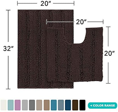 Turquoize Chenille Bathroom Rugs Set Non-Slip Bath Mats for Bathroom Super Absorbent Shaggy Shower Mat for Tub Kitchen Plush Bath Rug Plus U Toilet Mat (Standard: 20" x 32" and 20" x 20" U), Chocolate