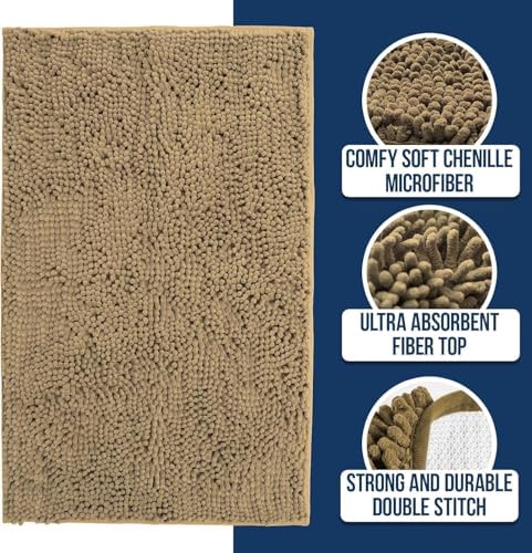 Muddy Mat® | Chenille Bathroom Rugs Quick Dry Microfiber Mats Non Slip Washable, Extra Thick, Soft and Highly Absorbent Bath Mats for Bathroom, Kitchen, and Shower Floor - Beige 24"x36"