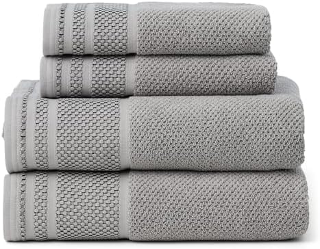 Texere 100% Organic Cotton Rice Weave Jacquard 700 GSM Luxury Bath Towel Sets - Ultra Soft and Absorbent Hotel and Spa Quality (Rice Weave, Cathedral Gray, 2 Bath & 2 Hand Towels)