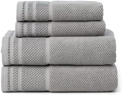 Texere 100% Organic Cotton Rice Weave Jacquard 700 GSM Luxury Bath Towel Sets - Ultra Soft and Absorbent Hotel and Spa Quality (Rice Weave, Cathedral Gray, 2 Bath & 2 Hand Towels)