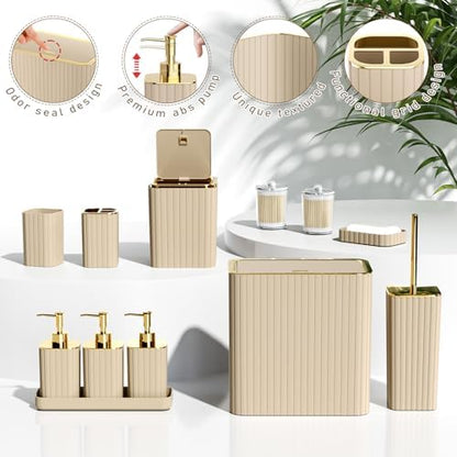 Bathroom Accessory Set - Bathroom Set, 12PC Bathroom Accessories Set, Beige Bathroom Accessories Set, Mini Trash Can, Toilet Brush, Trash Can & Soap Dispenser