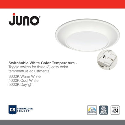 Juno SlimBasics 6 Inch LED Ceiling Light, LED Surface Mount Downlight for Shower Light or Closet Lighting, Selectable White Color, Tapered Trim, Wet Rated, Matte White (JSBT 6IN SWW2 90CRI WL MW M6)