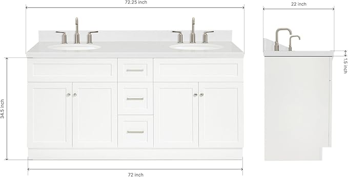 ARIEL Hamlet 72" Double White Bathroom Vanity, 1.5" Edge Carrara Quartz Countertop & Splash, Oval Sinks, 4 Soft Closing Doors, 3 Full Extension Dovetail Drawers, Toe Kick, Brushed Nickel
