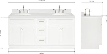 ARIEL Hamlet 72" Double White Bathroom Vanity, 1.5" Edge Carrara Quartz Countertop & Splash, Oval Sinks, 4 Soft Closing Doors, 3 Full Extension Dovetail Drawers, Toe Kick, Brushed Nickel