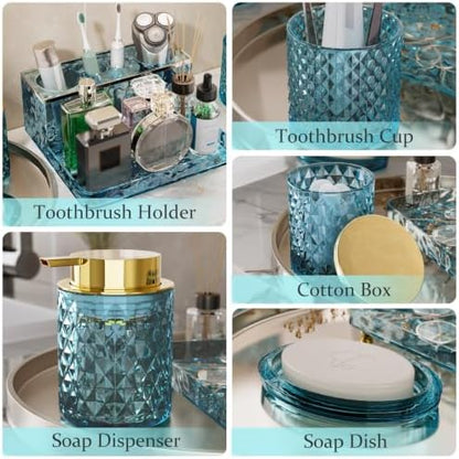 Glass Bathroom Accessories Set 5Pcs Crystal Teal, Foaming Soap Dispenser, Soap Dish, Cup, Acrylic Toothbrush Holder with Tray Organizer, Cotton Swab Jar, Bathroom Counter Set Sink Decor