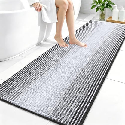 OLANLY Bathroom Runner Rugs 59x24, Chenille Striped Bath Rugs, Dark Grey