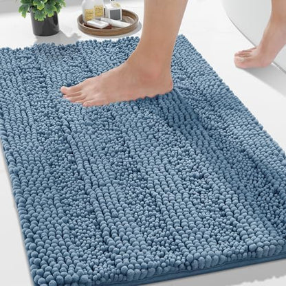 Yimobra Bathroom Rug Mat 24 x 17, Non Slip and Super Absorbent Bath Mat,Machine Washable Quick Dry,Ultra Plush Chenille Shower Rugs for Bathroom Floor Sink Tub and Shower Outside,Denim Blue
