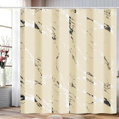 Beige Marble Shower Curtain, Modern Abstract Marble Pattern Fabric Bathroom Curtain with Hooks, Water Repellent Decorative Bath Curtain for Bathtub, Neutral Bathroom Decor