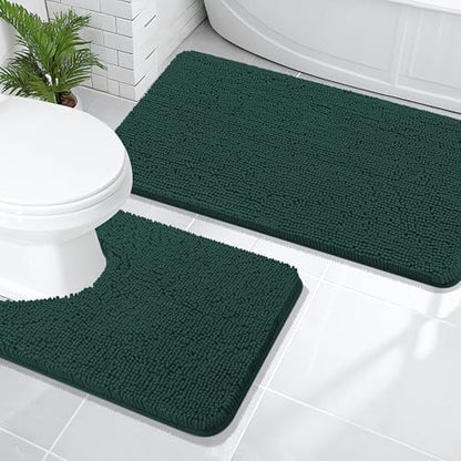 OLANLY Chenille Bathroom Rugs Sets 2 Piece, 47"x20"+24"x20", Blackish Green