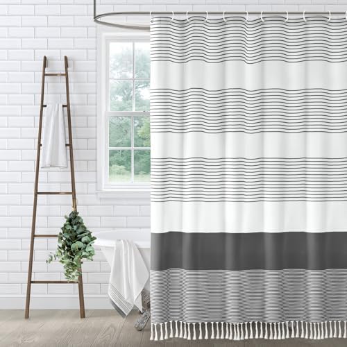 Dark Grey Farmhouse Cotton Striped Shower Curtain with Tassel 72"W X 72"L