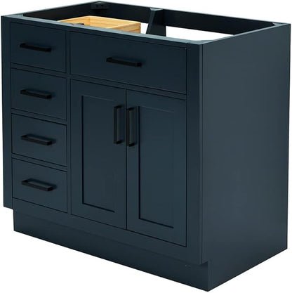 ARIEL Hepburn 36-inch Bathroom Vanity Base Cabinet,Solid Wood, 2 Soft Closing Doors, 5 Dovetail Drawers, Midnight Blue