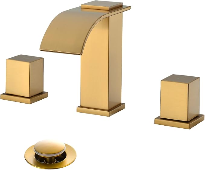 Luxury Brass Widespread Waterfall Bathroom Sink Faucets for 3 Hole 2-Handle 8 Inch Deck Vanity Faucet, &Stainless Steel Pop-up Drain Assembly, Brushed Brass Gold