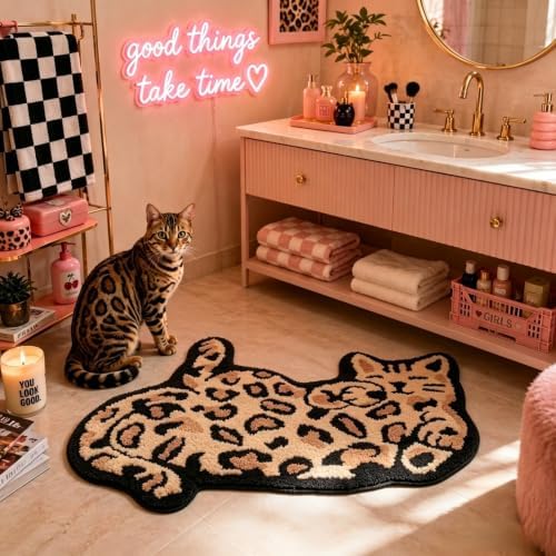 Leopard Cat Bathroom Rug, Fun Cheetah Print Animal Small Bath Mat