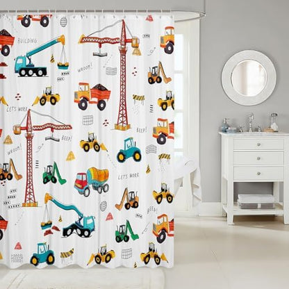 Feelyou Construction Truck Shower Curtain Cartoon Excavator Vehicle Tractor Cars for Boys Kids Machinery Navy Blue Green Yellow Bathroom Decor Waterproof Fabric Decor with Hooks,72x72 Inches