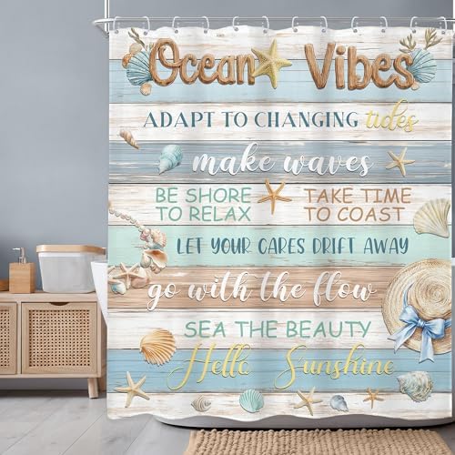 Ocean Seashell Fish Coral Vibes Blue Brown Wood Bathroom Shower Curtain Set