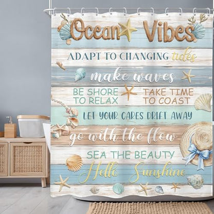 Ocean Seashell Fish Coral Vibes Blue Brown Wood Bathroom Shower Curtain Set