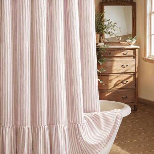 Farmhouse Shower Curtain Ruffle Linen Cream-Pink Stripe 72"W x 72"L