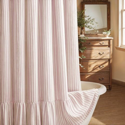 Farmhouse Shower Curtain Ruffle Linen Cream-Pink Stripe 72"W x 72"L