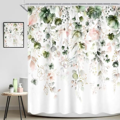 Green Pink Floral Spring Summer Rustic Bathroom Shower Curtain Set
