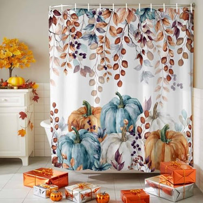 Shower Curtain Bathroom Set Fall Thanksgiving Pumpkin Orange Eucalyptus Leaf Waterproof Shower Curtains with Grommets Hooks Autumn Fallen Leaves Privacy Bath Curtain for Bathtub Decor 36x72in