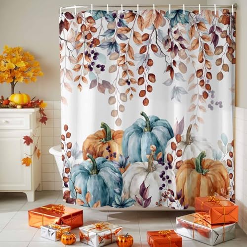 Shower Curtain Bathroom Set Fall Thanksgiving Pumpkin Orange Eucalyptus Leaf Waterproof Shower Curtains with Grommets Hooks Autumn Fallen Leaves Privacy Bath Curtain for Bathtub Decor 72x78in