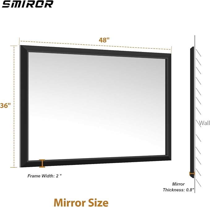 SMIROR 48x36 Matte Black Bathroom Vanity Mirror for Over Sink | Metal Wide Frame, Rectangle, Right- Angle Corner, Anti-Rust, Horizontally or Vertically Wall- Mounted for Home Remodel