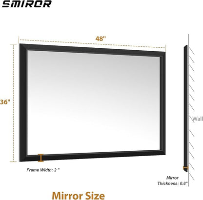SMIROR 48x36 Matte Black Bathroom Vanity Mirror for Over Sink | Metal Wide Frame, Rectangle, Right- Angle Corner, Anti-Rust, Horizontally or Vertically Wall- Mounted for Home Remodel