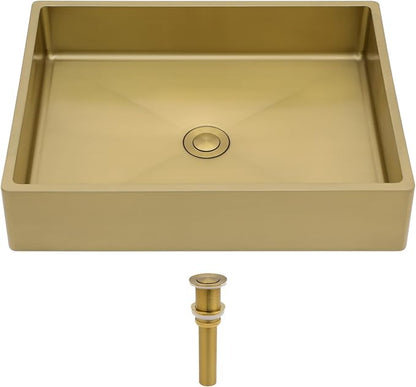 Logmey 19" Gold Shallow Bathroom Vessel Sink 19x15 Rectangle Handmade 16 Gauge Stainless Steel Above Counter RV Bathroom Sinks with Pop up Drain Set