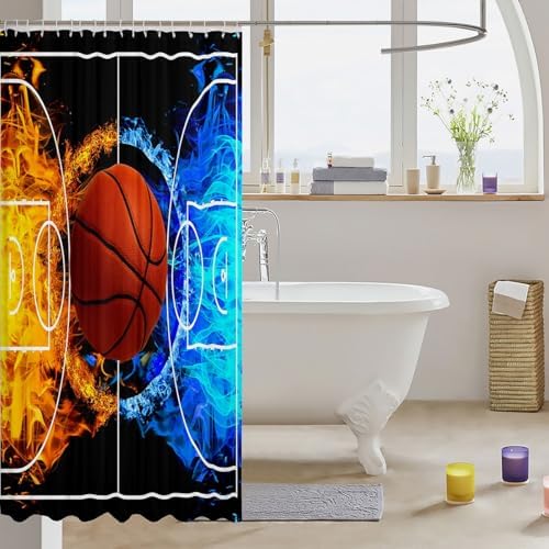 jejeloiu Basketball Bath Curtain Boys Girls 72"x84" Gaming Sports Shower Curtain for Kids Women Men Waterproof Ice Fire Bathroom Shower Curtain Set Gift for Basketball Lover