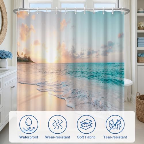Ocean Theme Waterproof Beach Shower Curtain with Weighted Hem and 12 Hooks