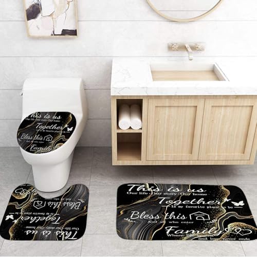 4Pcs Family Marble Shower Curtain Sets with Rugs
