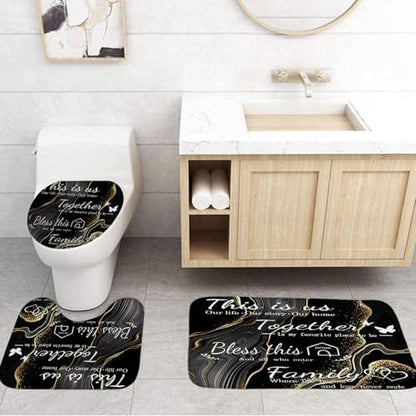 4Pcs Family Marble Shower Curtain Sets with Rugs