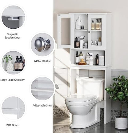 Over The Toilet Storage Cabinet for Bathroom, White Storage Organizer Over Toilet, Space Saver with Tempered Glass Doors, White