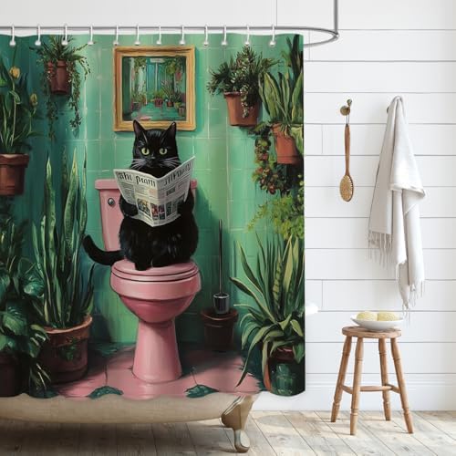 APROPHIC Funny Shower Curtain, Cute Cat Shower Curtain for Bathroom, Balck Cat Sitting on a Toilet and Reading Newspaper Print Decor with Waterproof Fabric, 12 Hooks, 72x72 Inch
