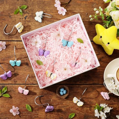 Thyle 12 Pcs Butterfly Shower Curtain Hooks Spring Colorful Resin Ornament Rings Butterfly Shower Curtain Hooks for Bathroom Bedroom Accessories