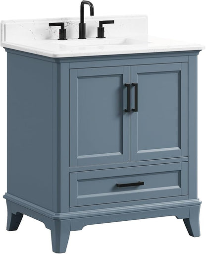 30 Inch Bathroom Vanity with Sink, Fully Assembled Bathroom Vanities with Quartz Countertop & Backsplash, 30 Inch Vanity with Sink, Soft Closing Doors & Dovetail Drawer, Steel Blue