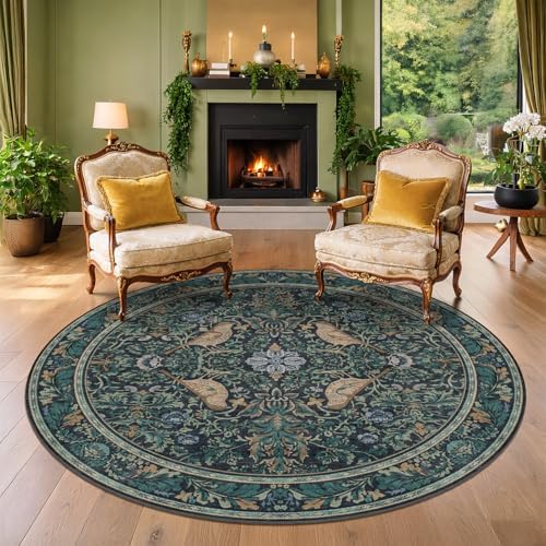 Washable Round Area Rug 6ft for Living Room, Soft Round Carpet Non-Slip with Rubber Backing, Vintage Large Circle Rug for Bedroom Kitchen Nursery, Dark Navy Blue Oriental Floral Décor