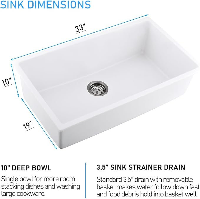 33 Inch White Undermount Kitchen Sink | 33x19 Granite Composite Kitchen Sink Quartz Undermount Single Bowl Deep Kitchen Sink with Countertop Squeegee Brush Combo