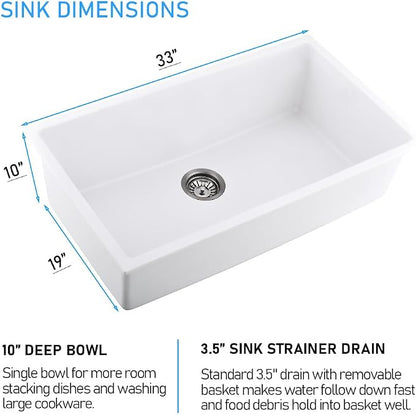 33 Inch White Undermount Kitchen Sink | 33x19 Granite Composite Kitchen Sink Quartz Undermount Single Bowl Deep Kitchen Sink with Countertop Squeegee Brush Combo