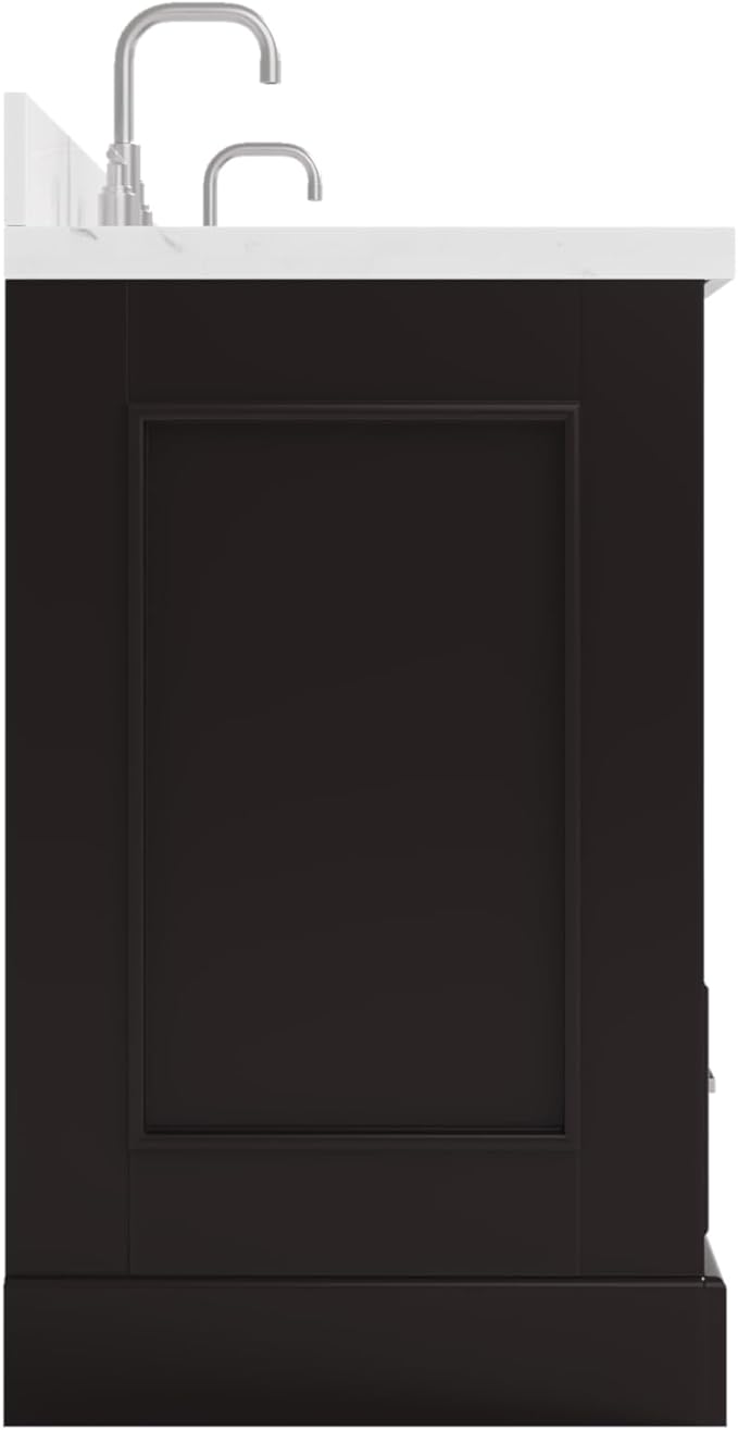 ARIEL Stafford 84-inch Bathroom Vanity with Sink,Solid Wood, 1.5in Carrara White Quartz Countertop & Backsplash, Double Oval Porcelain Sink, 4 Soft Closing Doors, 5 Dovetail Drawers, Espresso