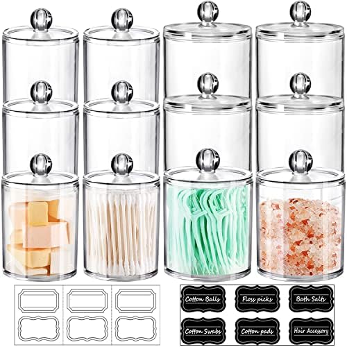 SheeChung 12 Pack Acrylic Qtip Holder with Labels,Qtip Jars for Bathroom